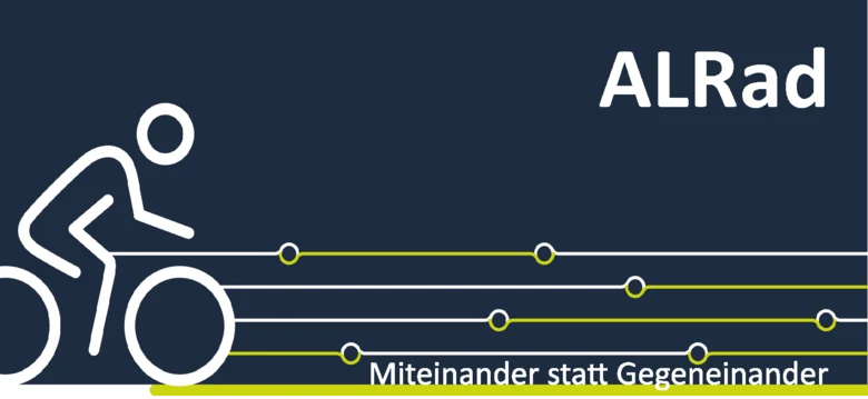 weiße Vektorgrafik Fahrradfahrer auf blau-grünem Hintergrund mit Netzlinien und der Aufschrift ALRad, Alternative Lösungen für straßenbegleitende Radwege. Schnell. Flächensparend. Kostengünstig. Gemeinsam ein attraktives Radv erkehrsnetz gestalten