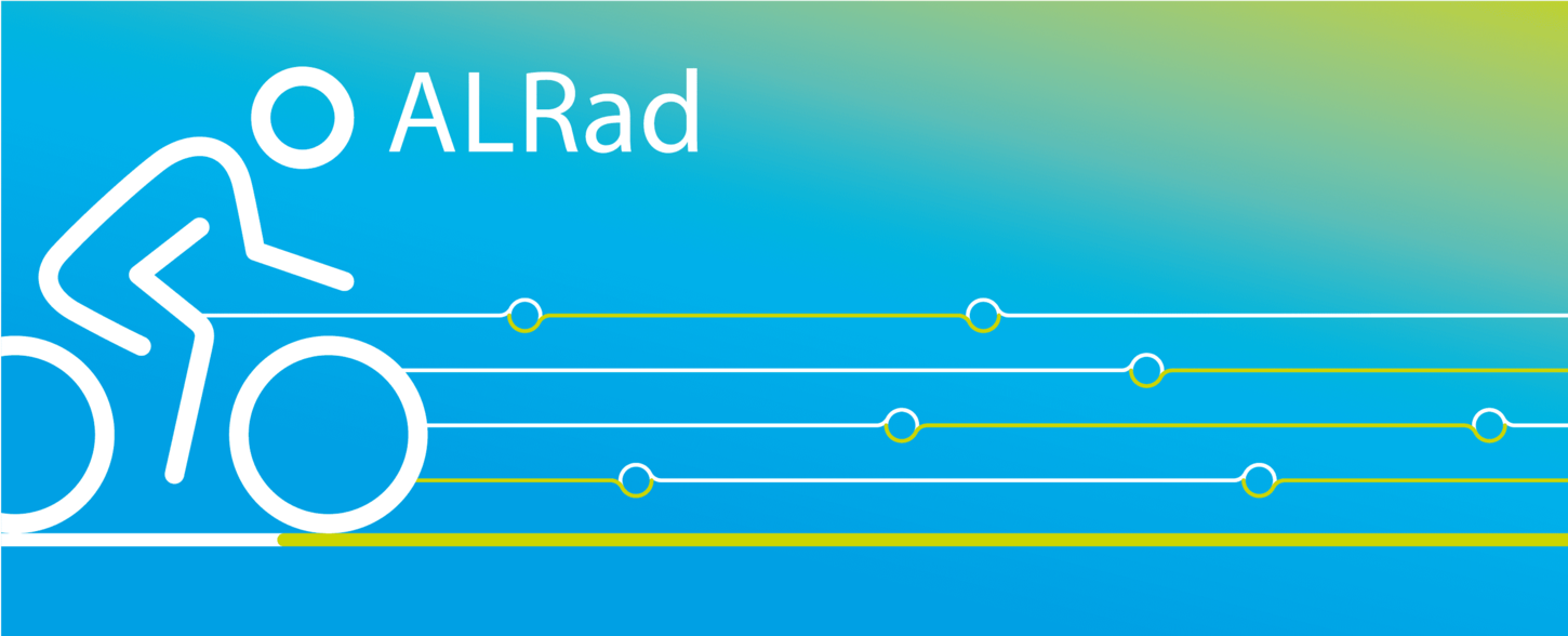 weiße Vektorgrafik Fahrradfahrer auf blau-grünem Hintergrund mit Netzlinien und der Aufschrift ALRad, Alternative Lösungen für straßenbegleitende Radwege. Schnell. Flächensparend. Kostengünstig. Gemeinsam ein attraktives Radv erkehrsnetz gestalten