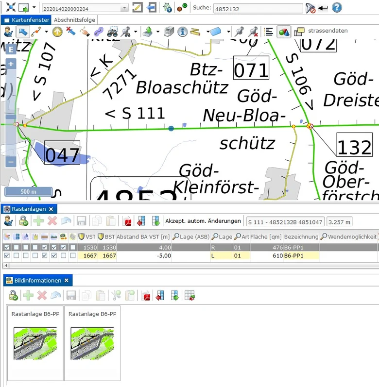 Ausschnitt aus der Fachanwendung zur alphanumerischen Art der Datenhaltung und kartografischen Visualisierung