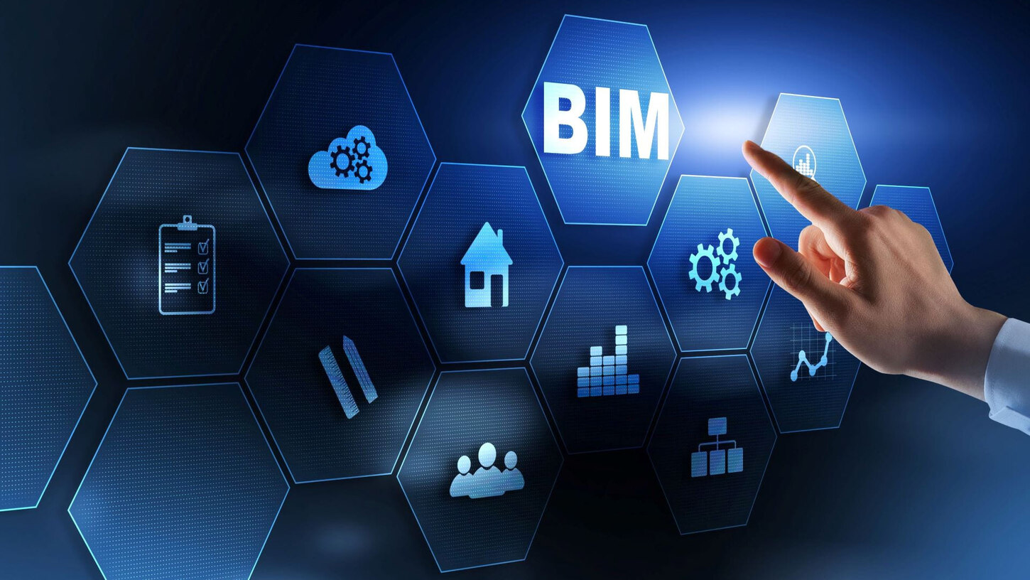 Darstellung BIM mit Icons auf virtuellen 3D Bildschirm und Zeigefinger in Richtung Schriftzug BIM