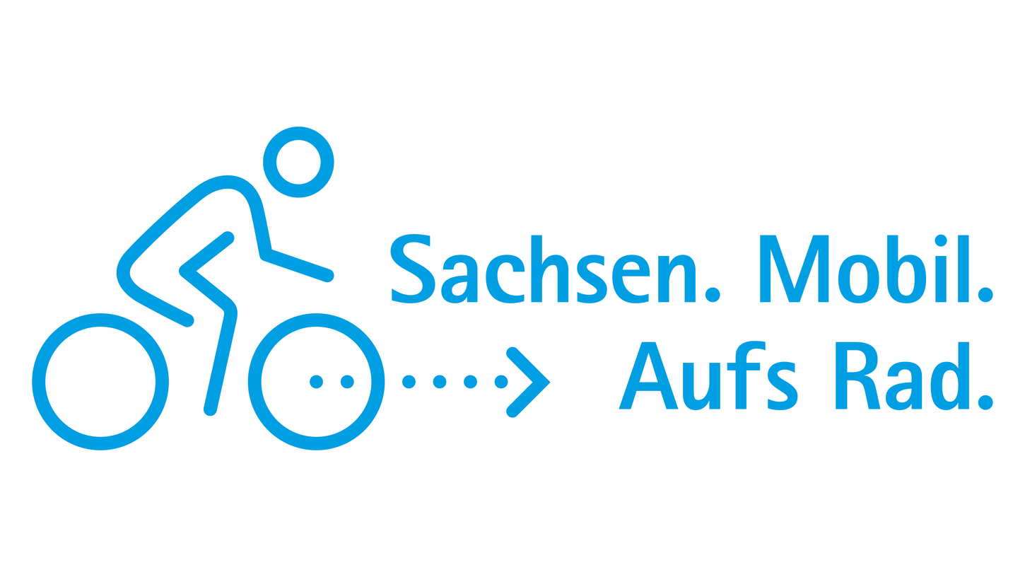 Bild mit blauer Vektorgrafik eines Radfahrers mit der Aufschrift Sachsen. Mobil. Aufs Rad.