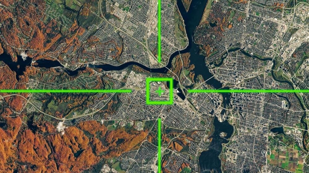 Satelittenbild mit Fadenkreuz zu bestimmten Geokoordinaten