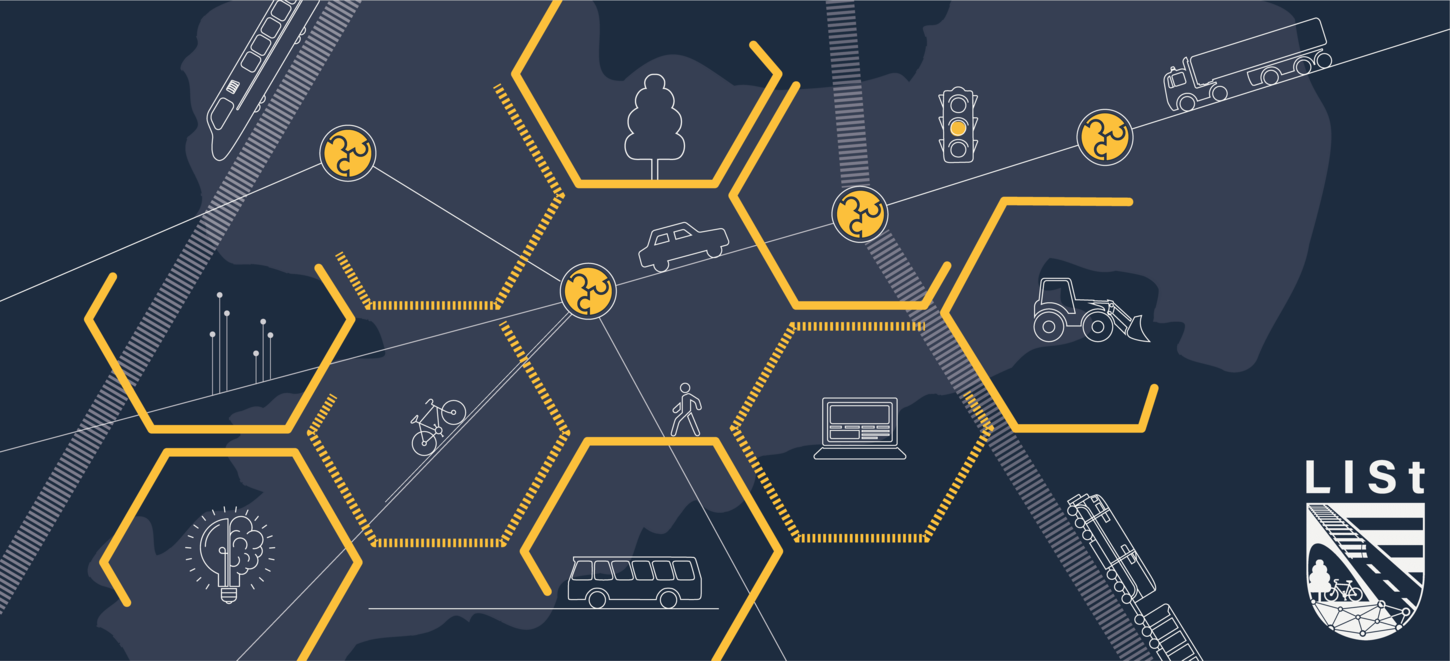  Dunkelblauer Hintergrund mit farblich abgesetzter Sachsenkarte, gelben Sechsecken mit durchgezogener und gestrichelter Linie und weißen Icons und Linien mit Darstellung Mobilität und Vernetzungsgedanke zwischen Standorten, links unten LISt Logo weiß