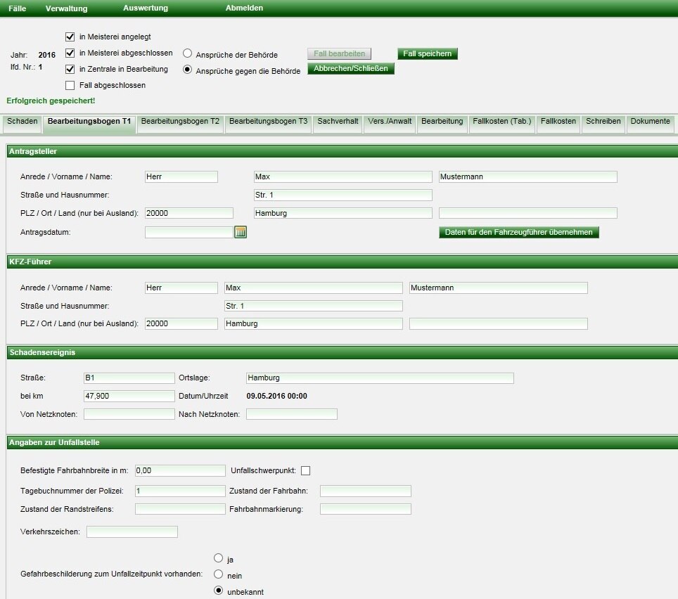 Screenshot der Anwendung mit Darstellung der Eingabemaske wer Antragsteller ist, welches Ereignis zum Schaden geführt hat und wo
