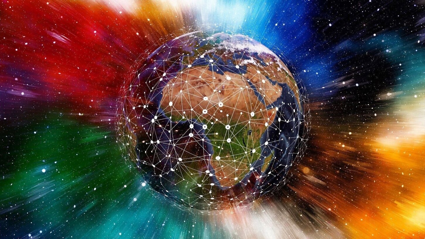 Bunte Erdansicht aus dem Weltall umhüllt mit einem Netzwerk